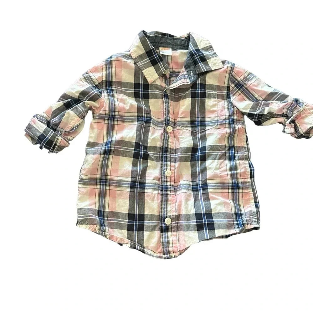 Gymboree boys size 3T pink and blue plaid button down down  roll tab sleeve